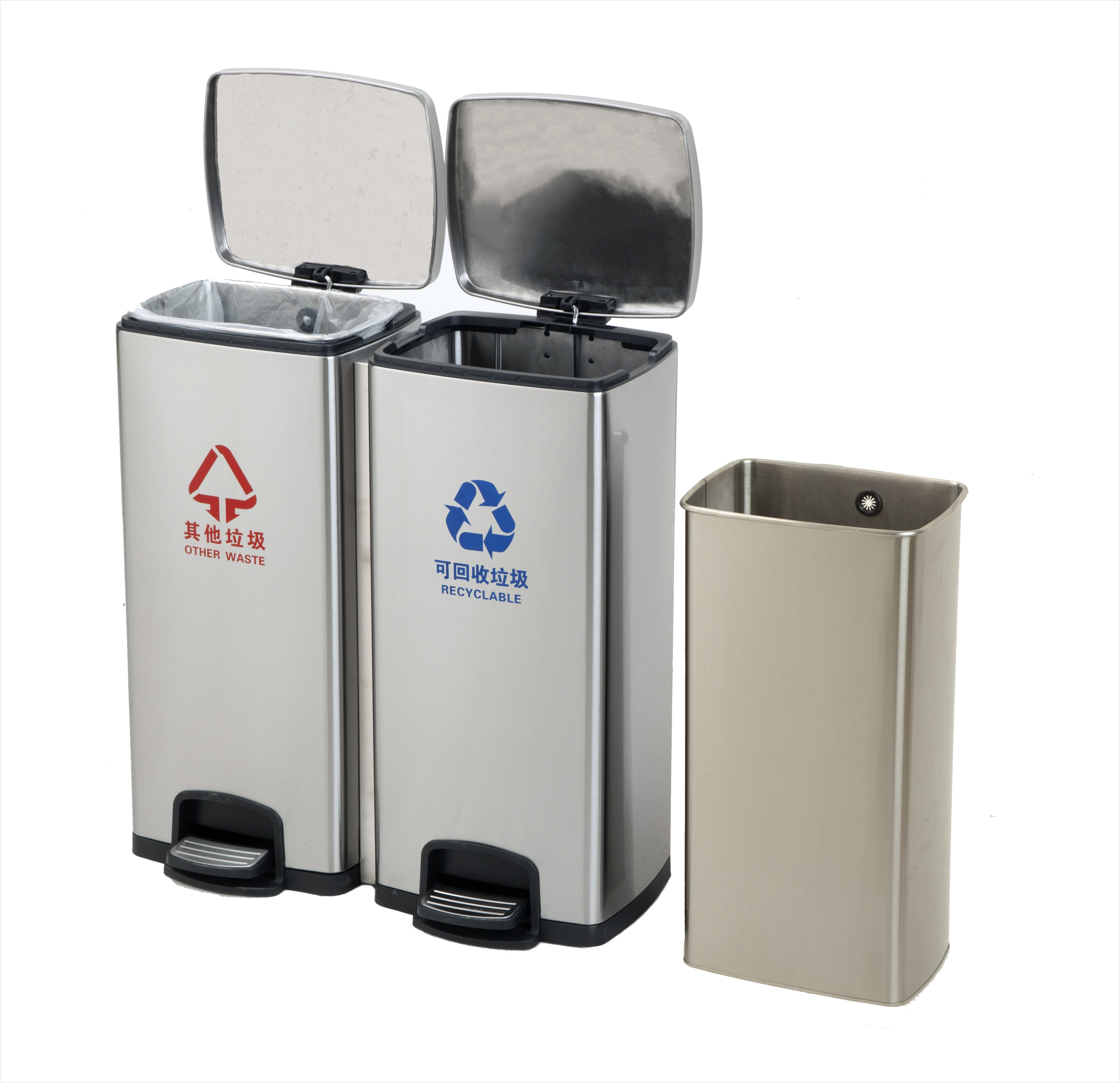 4in1 Rectangle Stainless Steel Step on Trash Can with 30LiterX4pcs/ 32 Gallon for Indoor Use